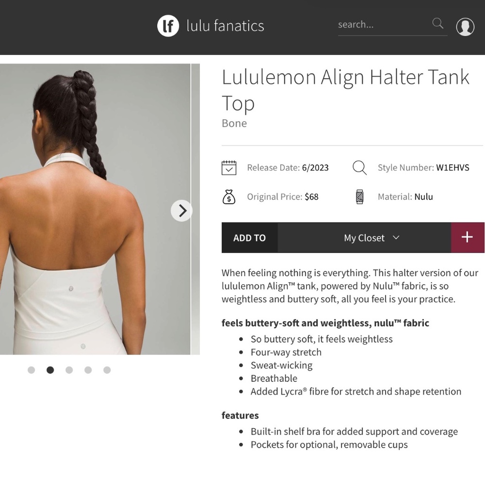 Lululemon Align Halter Tank - Bone; Size 8